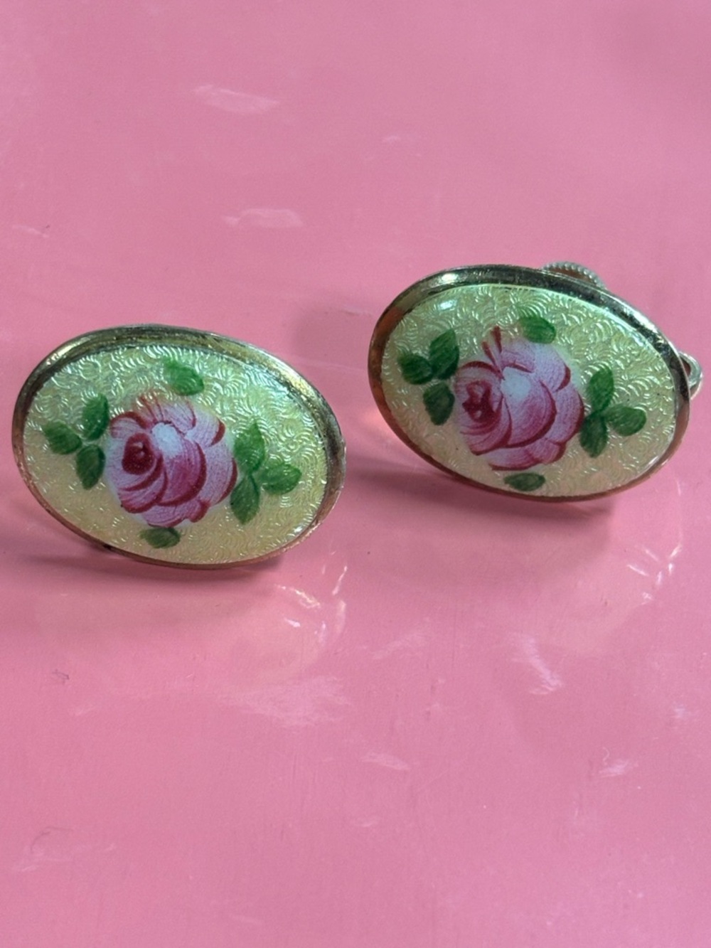 Vintage Pink Rose Enamel Oval Clip-On/ Screw-Back Earrings